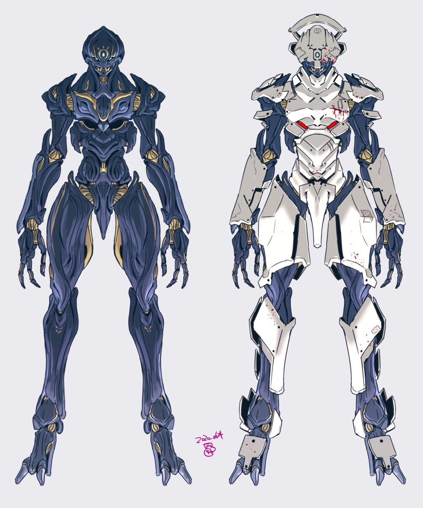 blue_eyes borrowed_character dated grey_background highres looking_ahead mecha moi_moi7 multiple_views one-eyed open_hands original standing