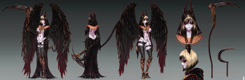 1girl absurdres ankh black_sclera black_wings blonde_hair borrowed_character breasts character_sheet commission english_commentary highres holding holding_scythe hood horns jin_grey_paladin large_breasts midriff monster_girl multiple_views navel original scythe smile thong wings yellow_eyes