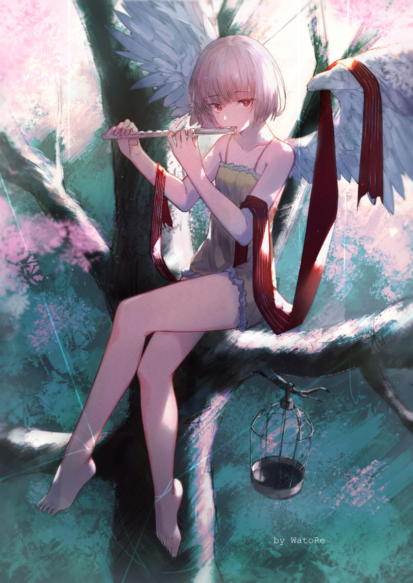 1girl angel angel_wings artist_name bare_shoulders barefoot cage collarbone eyebrows_visible_through_hair feathered_wings highres holding holding_instrument instrument music original outdoors pink_hair playing_instrument red_eyes short_hair sitting string tree watori_re wings