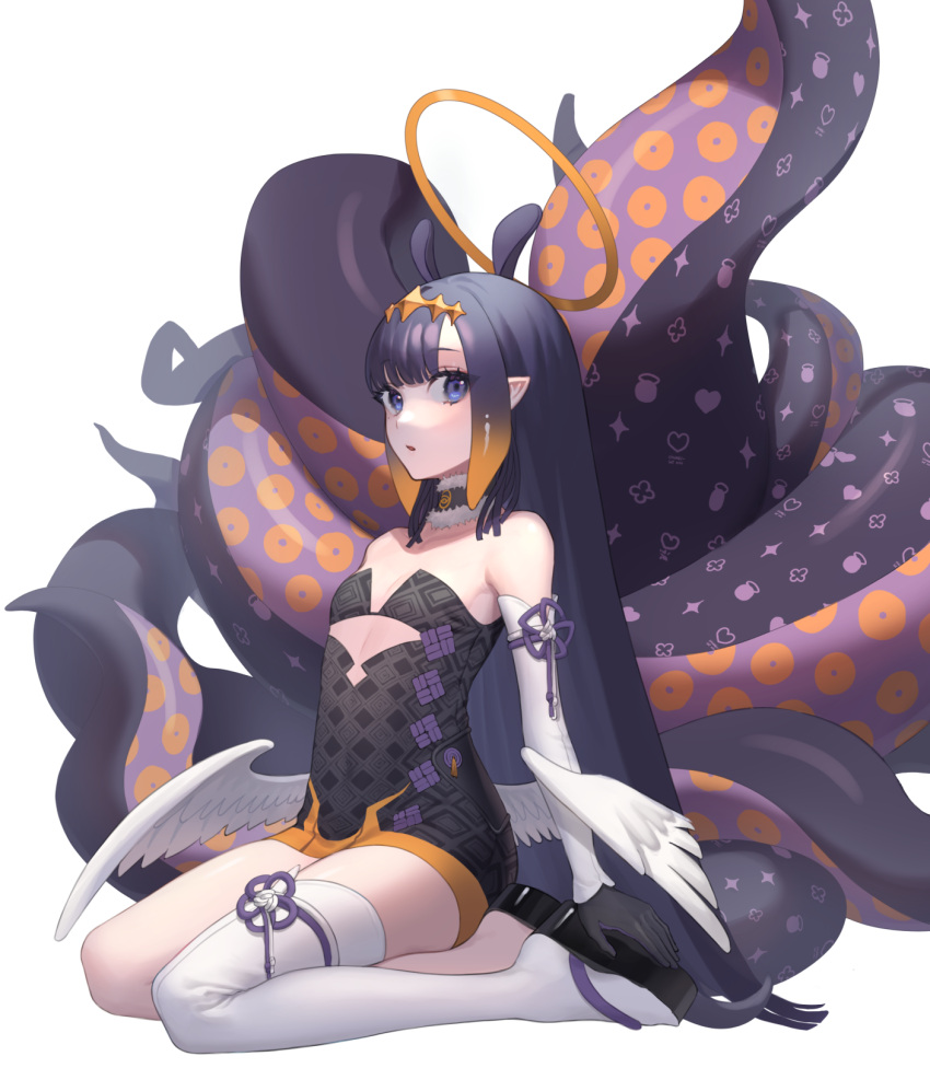 1girl :o bangs bare_shoulders black_dress black_gloves blue_eyes blunt_bangs choker clover_print collarbone cutout_above_navel detached_sleeves diamond_(symbol) dress feathered_wings flat_chest fur_trim geta gloves halo heart heart_print highlights highres hololive hololive_english long_hair looking_at_viewer multicolored_hair ninomae_ina'nis open_mouth purple_hair simple_background single_thighhigh sitting tentacles thigh-highs virtual_youtuber wariza white_background white_legwear wings wowk
