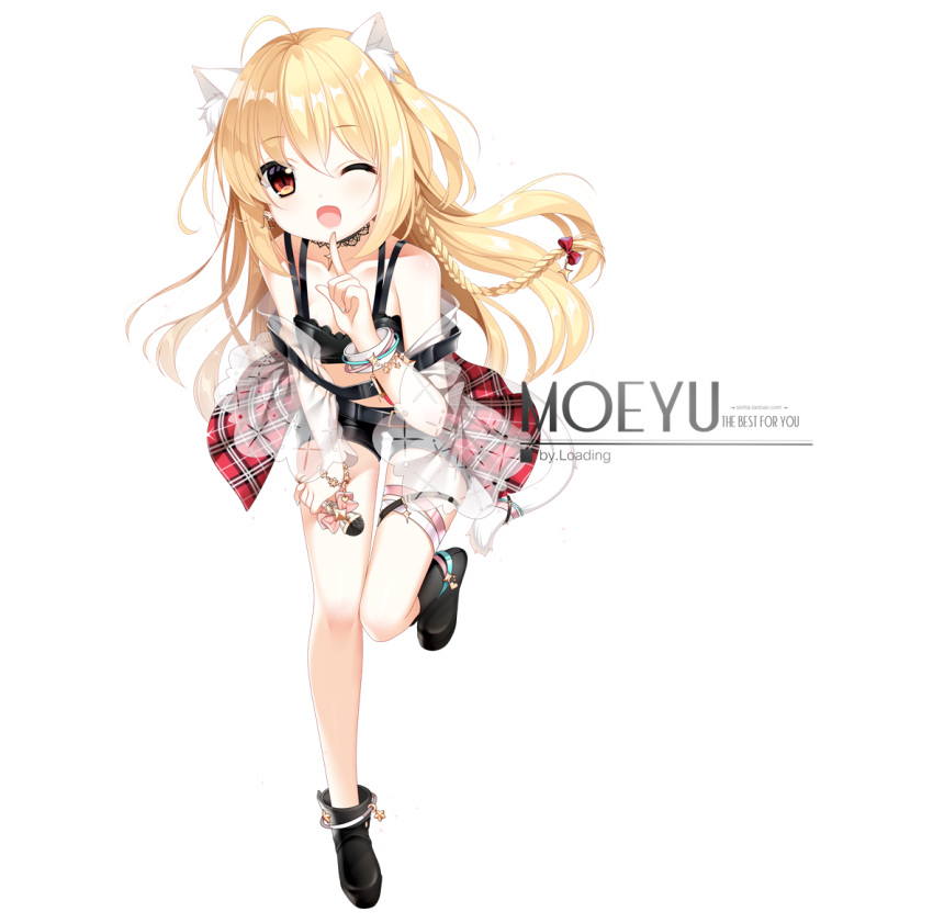 1girl ;d ahoge animal_ear_fluff animal_ears artist_name bangs bare_shoulders black_footwear black_shorts blonde_hair blush boots bow braid cat_ears cat_girl cat_tail commentary_request english_text eyebrows_visible_through_hair full_body hair_between_eyes holding holding_microphone loading_(verjuice) long_hair microphone one_eye_closed open_mouth original pink_bow plaid red_eyes see-through short_shorts shorts simple_background single_braid smile solo standing standing_on_one_leg tail very_long_hair white_background