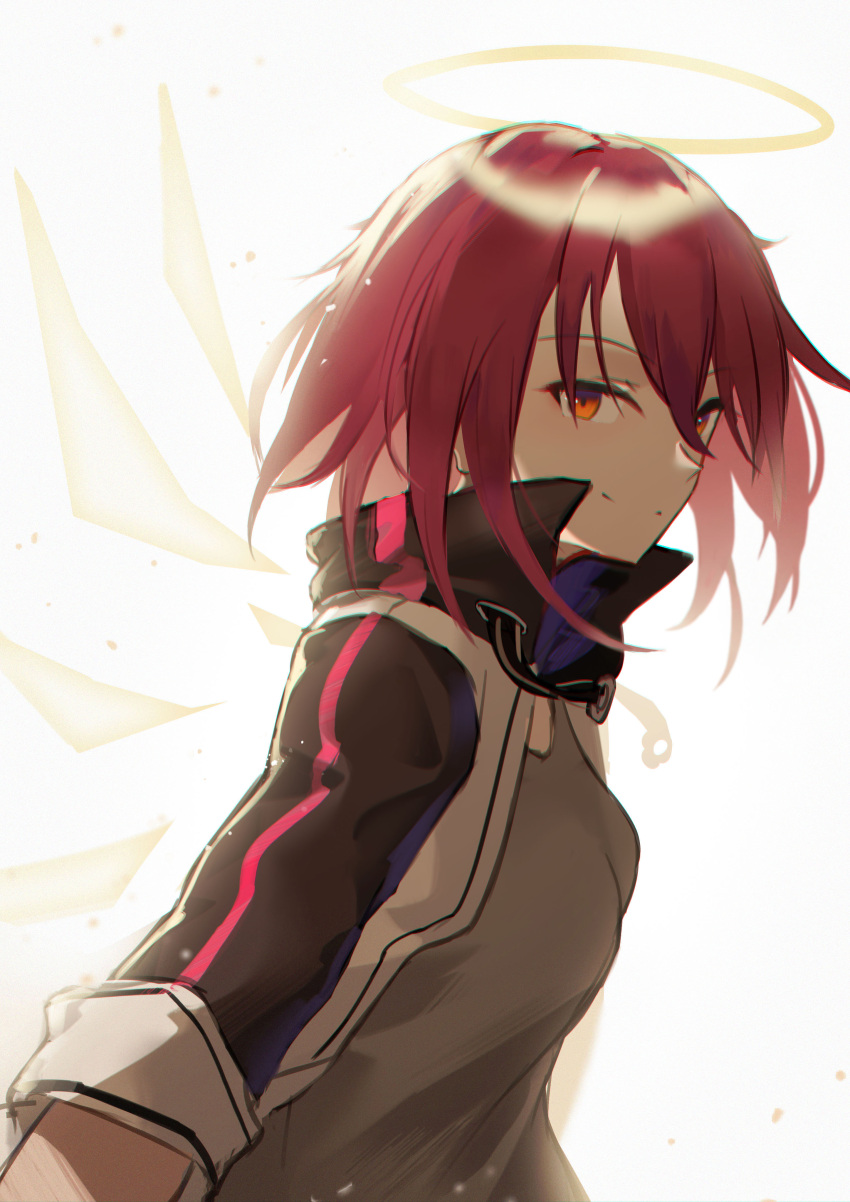 1girl absurdres arknights bangs breasts brown_eyes commentary_request exusiai_(arknights) grey_background grey_shirt halo high_collar highres jacket lodbyy looking_at_viewer open_clothes open_jacket redhead shirt short_hair simple_background small_breasts smile solo upper_body