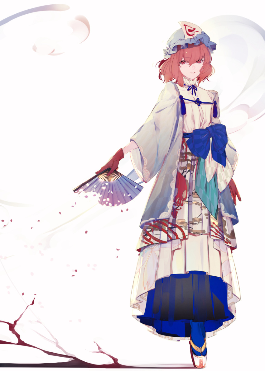 1girl adapted_costume blue_headwear blue_legwear cherry_blossoms commentary fan folding_fan full_body gloves hair_between_eyes haori hat high_collar highres holding holding_fan japanese_clothes looking_at_viewer maimuro mob_cap okobo petals pink_eyes pink_hair print_skirt red_gloves saigyouji_yuyuko shirt short_hair skirt solo tabi touhou triangular_headpiece white_background white_shirt white_skirt wide_sleeves