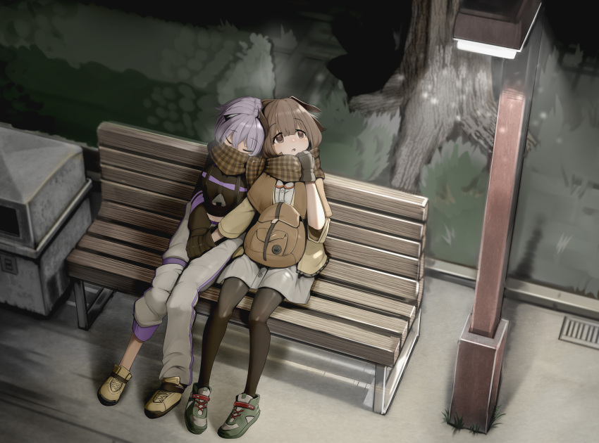 2girls animal_ears bench breath cat_ears cat_girl cityscape cold dog_ears dog_girl full_body genek gloves head_on_another's_shoulder highres holding_hands hololive inugami_korone lamppost looking_away looking_to_the_side multiple_girls nekomata_okayu night on_bench pantyhose park scarf scenery shared_scarf sitting sleeping sleeping_on_person virtual_youtuber yuri