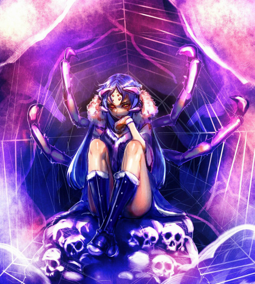 1girl bow_(bhp) bug highres insect_girl monster_girl original personification revision silk sitting skull solo spider spider_girl spider_web