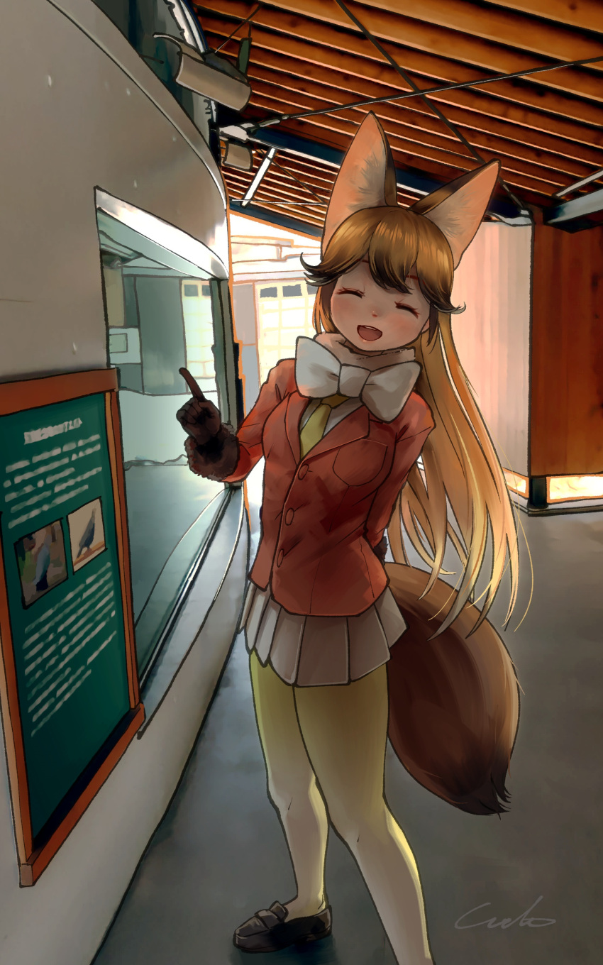 1girl :d ^_^ absurdres animal_ears arm_behind_back black_footwear black_gloves black_hair blonde_hair bow bowtie closed_eyes commentary_request extra_ears ezo_red_fox_(kemono_friends) facing_viewer fox_ears fox_girl fox_tail fur-trimmed_sleeves fur_trim gloves gradient gradient_hair gradient_legwear highres indoors jacket kemono_friends leaning_to_the_side long_hair long_sleeves multicolored_hair necktie open_mouth orange_jacket pantyhose pleated_skirt pointing shoes signature skirt smile solo standing tail very_long_hair welt_(kinsei_koutenkyoku) white_bow white_legwear white_neckwear white_skirt yellow_legwear yellow_neckwear