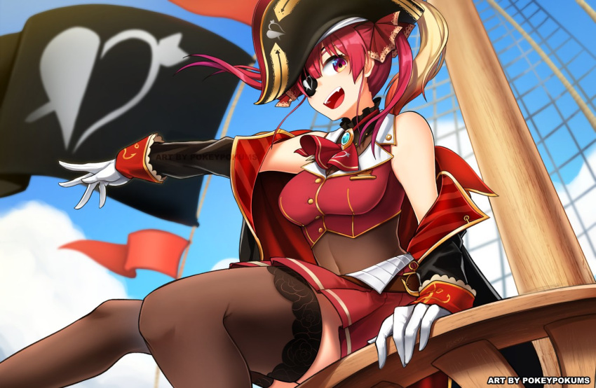 1girl artist_name ascot breasts brown_legwear coat eyepatch fangs flag gloves gradient_hair hair_ribbon hat hololive houshou_marine leotard medium_breasts multicolored_hair open_mouth pirate_hat pirate_ship pleated_skirt pokey red_eyes red_neckwear red_ribbon redhead ribbon see-through ship skirt thigh-highs twintails virtual_youtuber watercraft white_gloves zettai_ryouiki
