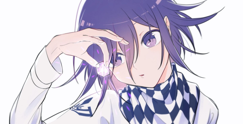 bangs checkered checkered_neckwear checkered_scarf dangan_ronpa dice face hair_between_eyes hand_up head_tilt holding_dice jacket kunguojiang long_sleeves looking_at_object male_focus new_dangan_ronpa_v3 open_mouth ouma_kokichi portrait purple_hair scarf short_hair simple_background white_background white_jacket