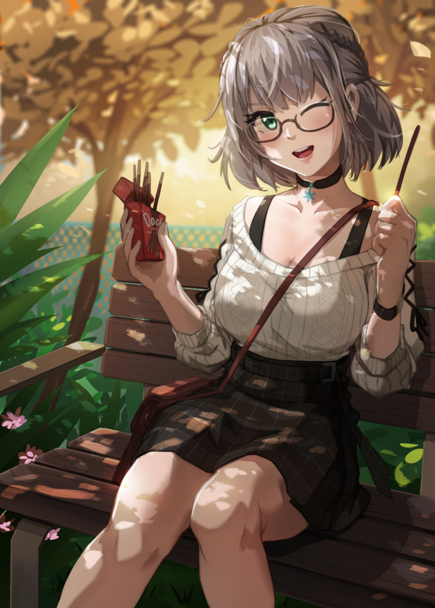 1girl bag bare_shoulders bench between_breasts black_choker blush breasts choker food glasses green_eyes hair_behind_ear handbag highres holding holding_food holding_pocky hololive miniskirt off_shoulder okamin one_eye_closed open_mouth park_bench plaid plaid_skirt pocky pocky_day ribbed_sweater shirogane_noel short_hair silver_hair sitting skirt snowflake_necklace strap sweater sweater_tucked_in tree virtual_youtuber watch white_sweater