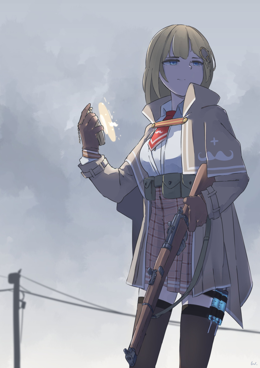 1girl absurdres belt belt_pouch blonde_hair blue_eyes breasts brown_gloves brown_legwear closed_mouth clouds day gloves gun high-waist_skirt highres holding holding_gun holding_pocket_watch holding_weapon holographic_interface hololive hololive_english holster leather leather_gloves lee-enfield looking_to_the_side medium_breasts necktie outdoors overcast plaid plaid_skirt pocket_watch pouch power_lines red_neckwear rifle shaded_face short_necktie shoulder_strap skirt solo syringe syringe_holster thigh-highs thigh_holster utility_pole watch watson_amelia weapon zaniaii
