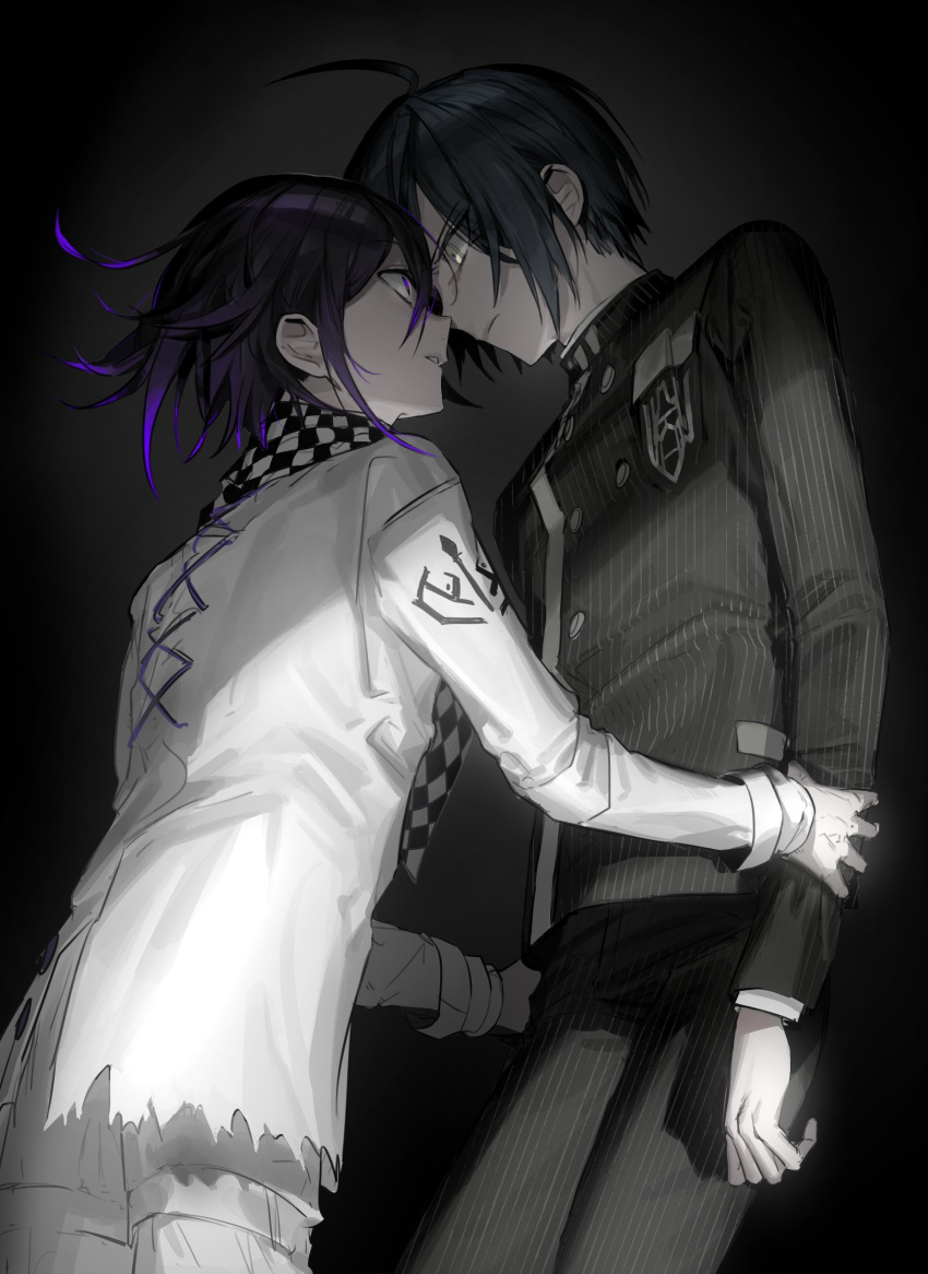 2boys absurdres ahoge angry arm_grab bangs black_hair black_jacket black_pants checkered checkered_scarf commentary_request dangan_ronpa dark_background eye_contact forehead-to-forehead from_below gradient gradient_background hair_between_eyes height_difference highres jacket long_sleeves looking_at_another looking_down male_focus multiple_boys nalgaeeomneundwaeji new_dangan_ronpa_v3 ouma_kokichi pants purple_hair saihara_shuuichi scarf short_hair straitjacket striped striped_jacket striped_pants white_jacket