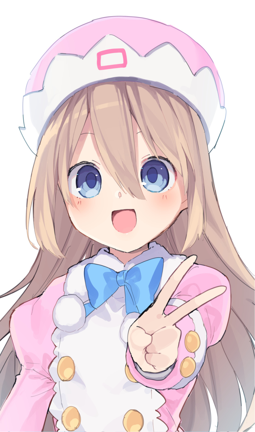 1girl :d blue_eyes blue_neckwear blush bow bowtie brown_hair buran_buta coat double-breasted fur-trimmed_coat fur_trim hair_between_eyes hand_up happy hat highres long_hair looking_at_viewer neptune_(series) open_mouth pink_coat pink_headwear pom_pom_(clothes) ram_(neptune_series) simple_background smile solo upper_body v very_long_hair white_background