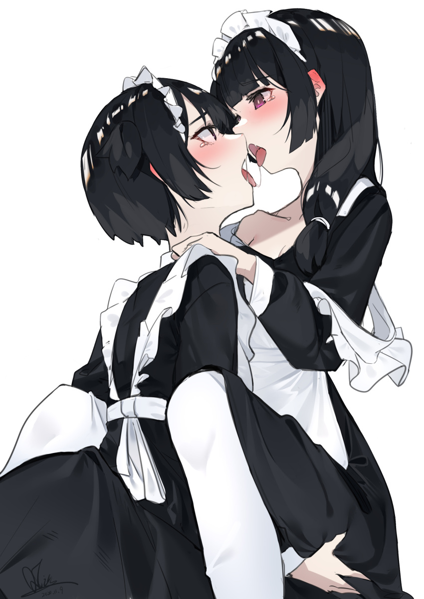 2girls absurdres after_kiss apron ass_grab bad_anatomy bangs black_dress black_hair blunt_bangs blush commentary dress from_side hair_tie highres lm520lm520 long_hair long_sleeves looking_at_another maid maid_apron maid_headdress multiple_girls one_side_up open_mouth original pantyhose saliva short_hair simple_background sitting tongue tongue_out violet_eyes white_apron white_background white_legwear yuri
