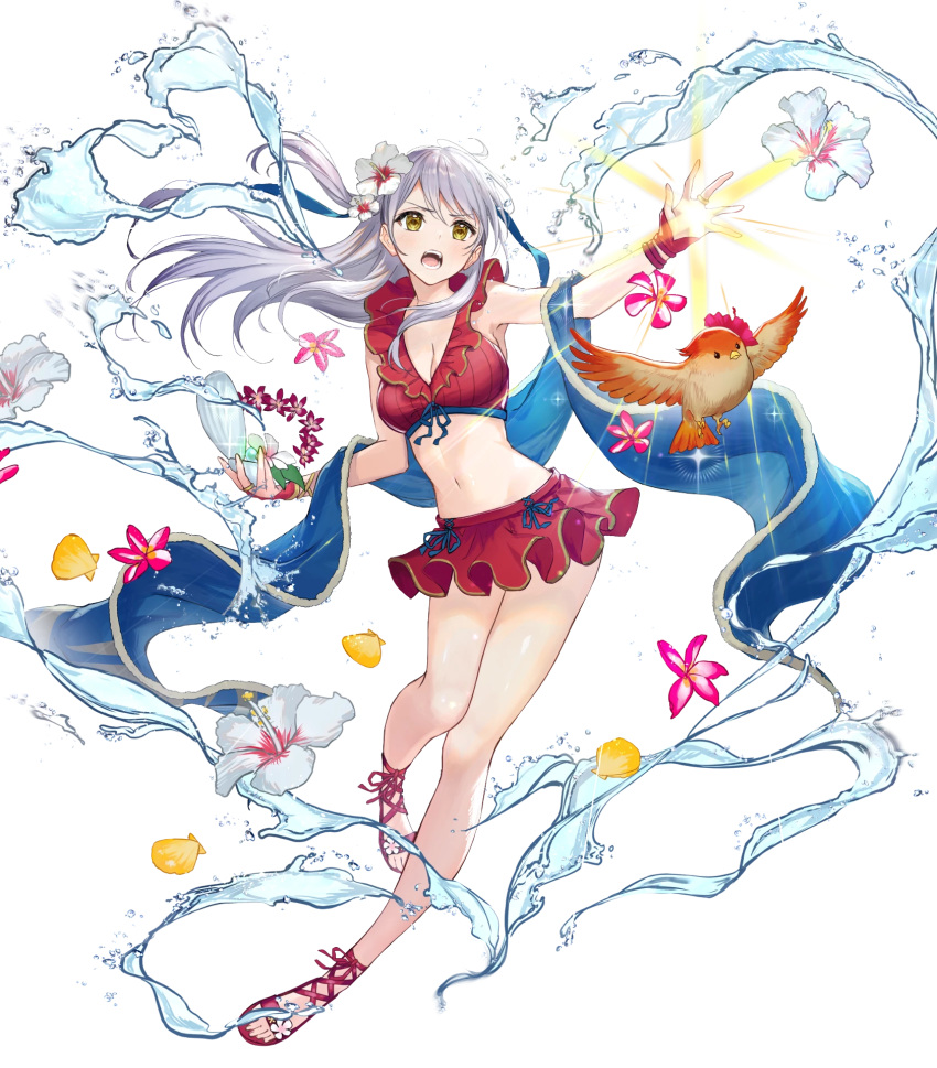 attacking blue_towel determined fire_emblem fire_emblem:_radiant_dawn fire_emblem_heroes flower_ornament holding_seashell magic micaiah_(fire_emblem) open_hand open_mouth orange_eyes red_clothes red_sandals sandals skirt white_hair