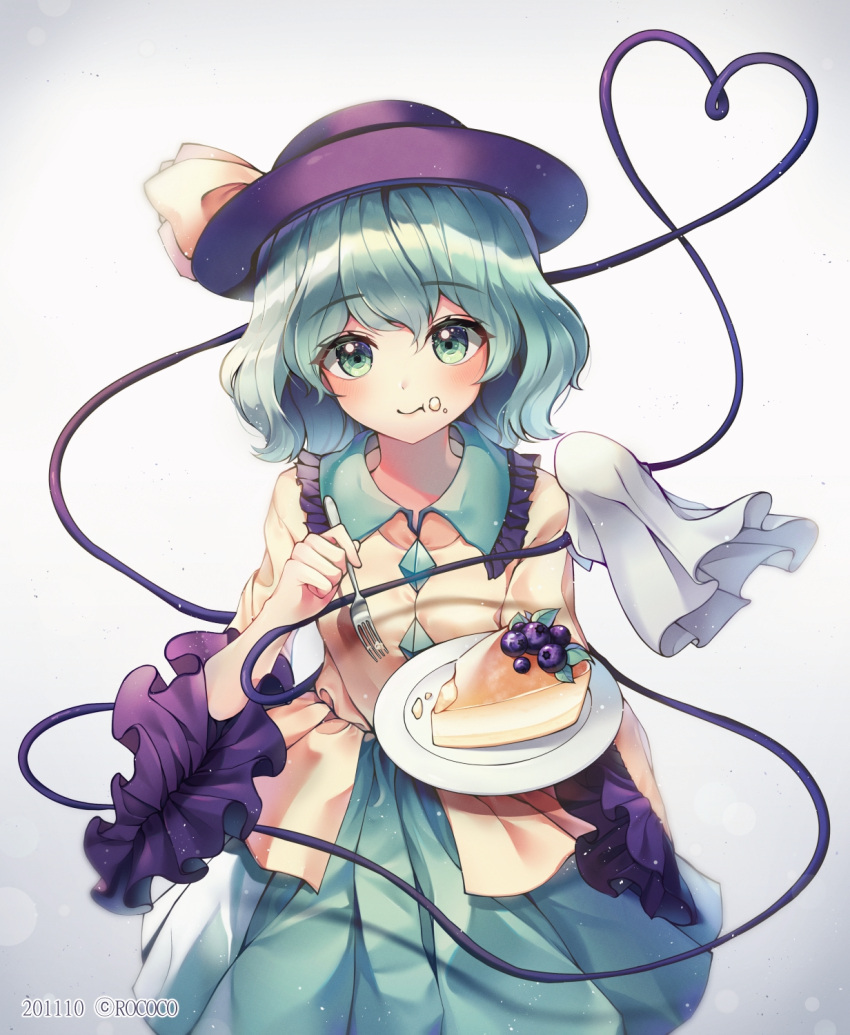 1girl :t aqua_hair artist_name blueberry cake cake_slice commentary cowboy_shot dated eyebrows_visible_through_hair food food_on_face fork frilled_sleeves frills fruit gradient gradient_background green_eyes green_skirt grey_background hair_between_eyes handkerchief hat heart heart_of_string highres holding holding_fork holding_plate komeiji_koishi long_sleeves looking_at_viewer plate purple_headwear shirt short_hair skirt solo standing tem_owo touhou wide_sleeves yellow_shirt