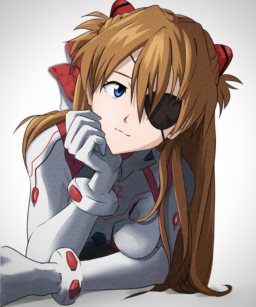1girl absurdres blue_eyes bodysuit bracer breasts evangelion:_3.0+1.0_thrice_upon_a_time eyepatch highres interface_headset long_hair multicolored multicolored_clothes neon_genesis_evangelion orange_hair pilot_suit plugsuit rebuild_of_evangelion shikinami_asuka_langley souryuu_asuka_langley test_plugsuit user_jhzw5322