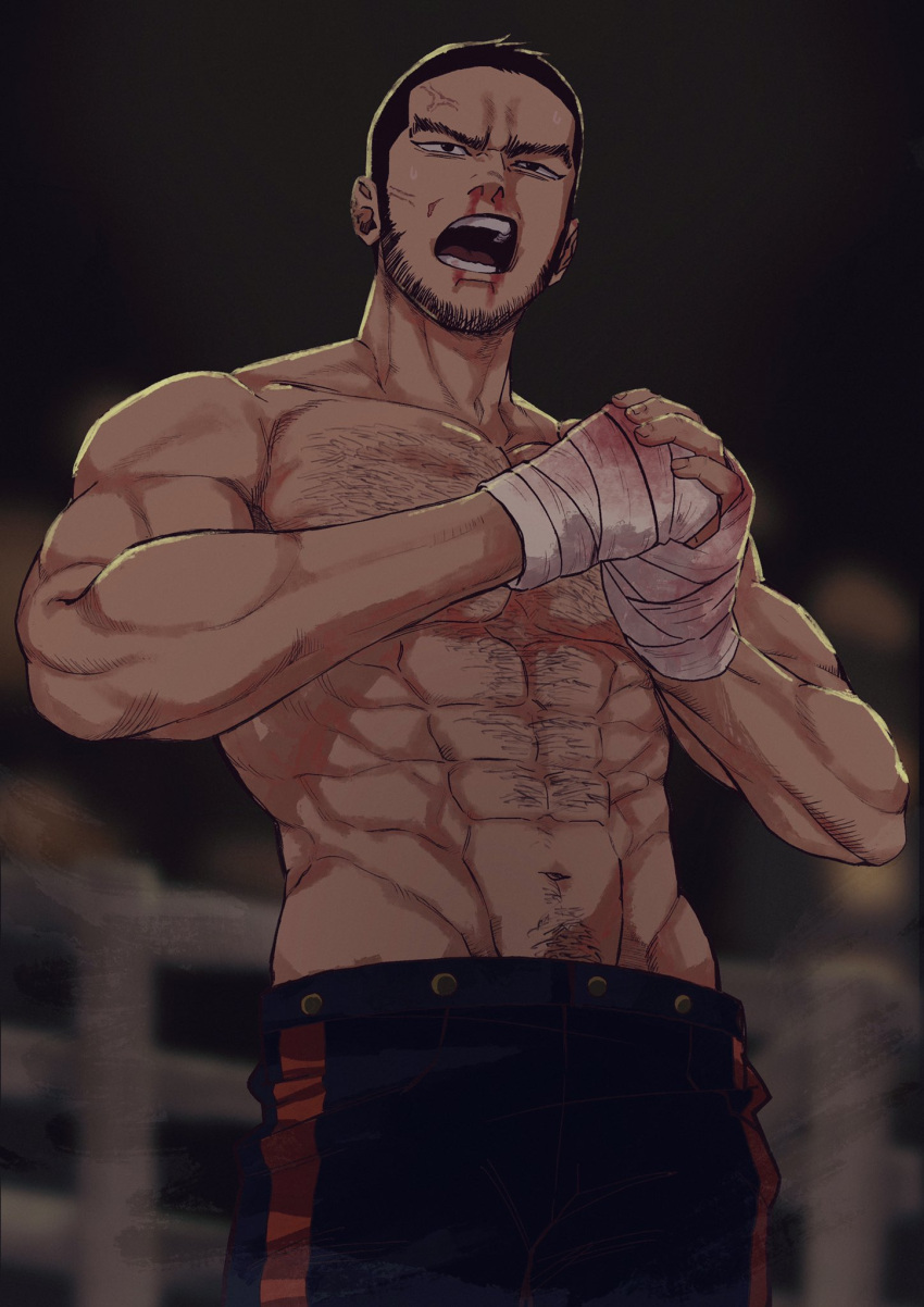 1boy bandages bara black_eyes black_hair blood bloody_hands blue_pants chest chest_hair cowboy_shot facial_hair golden_kamuy hairy highres male_focus muscle navel_hair nosebleed pants shirtless short_hair sideburns stubble tanigaki_genjirou teeth thick_eyebrows tonta_(tonta1231)