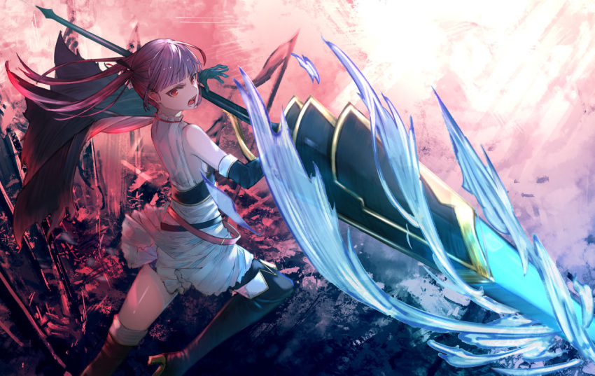 1girl bangs bare_shoulders black_gloves black_legwear blunt_bangs elbow_gloves flag frills gloves high_heels holding holding_lance holding_polearm holding_weapon lance light_rays long_hair official_art open_mouth original planted polearm purple_hair red_eyes solo teeth tongue torn twintails virtual_youtuber watori_re weapon