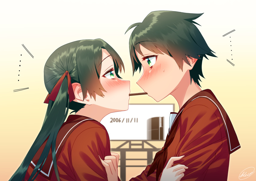 2girls blew_andwhite brown_sailor_collar brown_serafuku commentary_request food food_in_mouth game_console green_eyes green_hair highres holding holding_food kantai_collection long_hair long_sleeves mikuma_(kantai_collection) mogami_(kantai_collection) mouth_hold multiple_girls playstation_3 pocky pocky_day pocky_kiss sailor_collar school_uniform serafuku shared_food short_hair twintails yuri