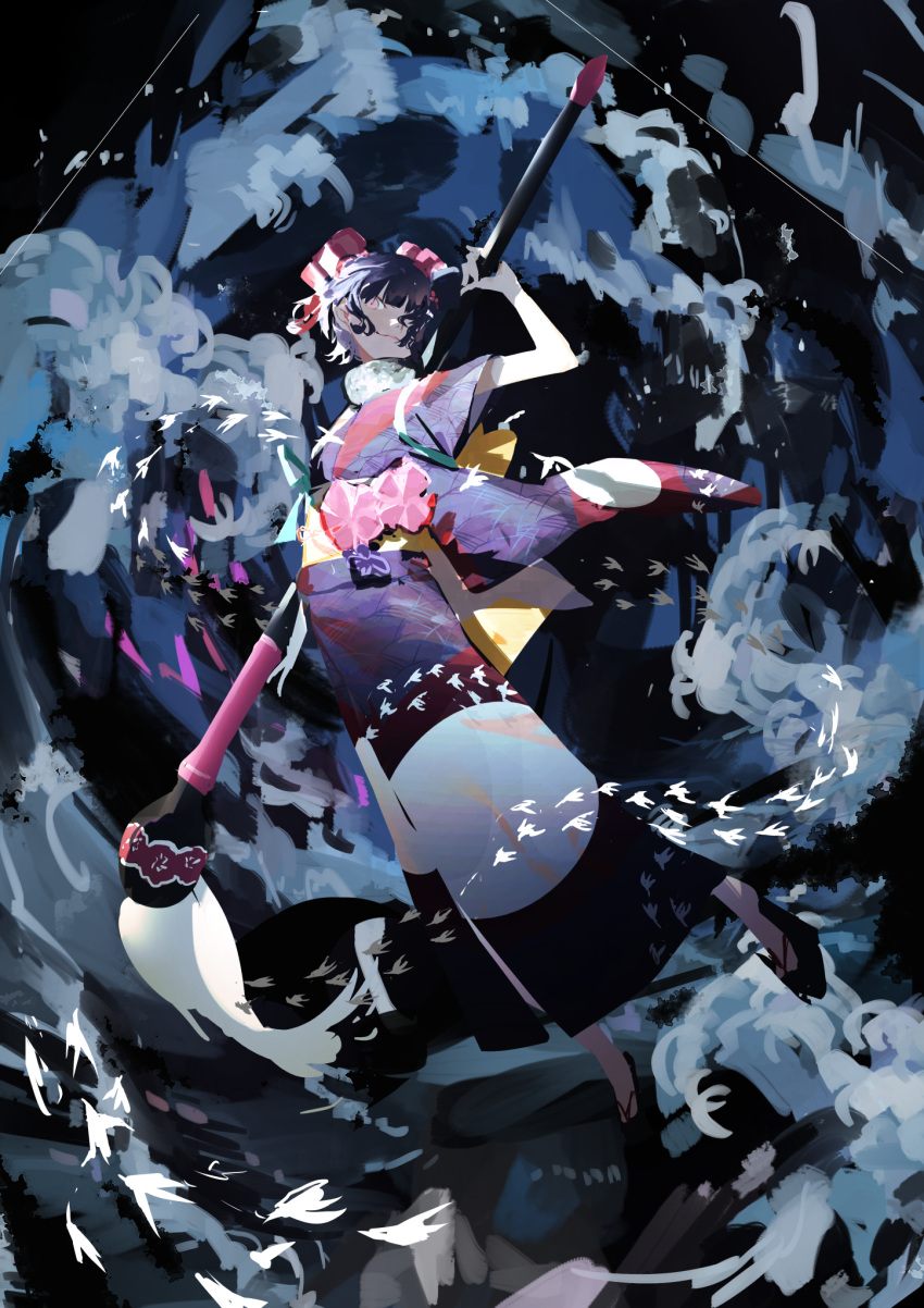1girl bangs black_background blue_eyes breasts fate/grand_order fate_(series) fur_collar giant_brush hair_ornament hair_over_one_eye hairpin highres japanese_clothes katsushika_hokusai_(fate/grand_order) kimono kuronoiparoma long_sleeves looking_at_viewer medium_breasts paintbrush purple_hair purple_kimono red_kimono sash short_hair smile water waves wide_sleeves