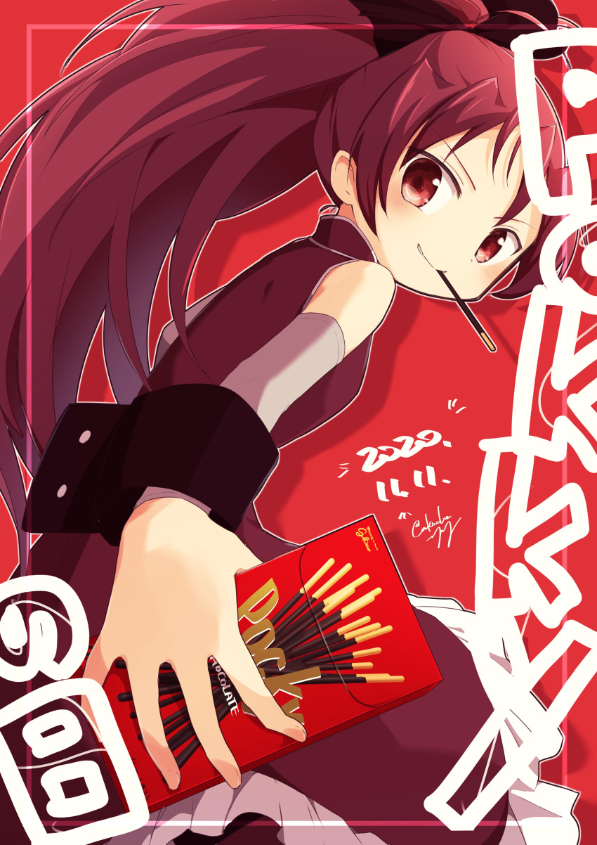 1girl absurdres black_bow bow closed_mouth commentary_request dated food hair_bow highres long_hair looking_at_viewer magical_girl mahou_shoujo_madoka_magica mouth_hold pocky pocky_day ponytail red_background red_eyes redhead rilafm345 sakura_kyouko smile solo