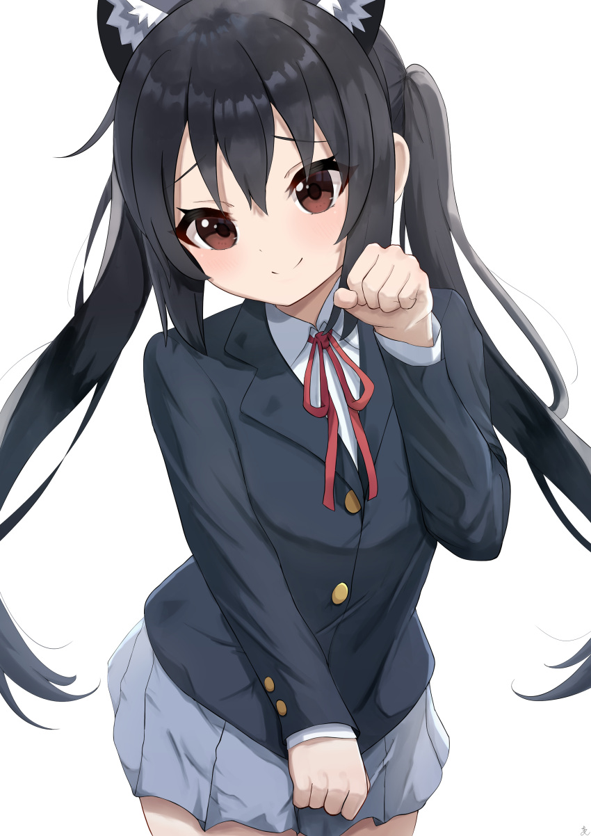 1girl absurdres aftamc animal_ears black_hair blazer brown_eyes cat_ears closed_mouth commentary_request grey_skirt highres jacket k-on! kemonomimi_mode long_hair long_sleeves looking_at_viewer nakano_azusa paw_pose pleated_skirt red_neckwear red_ribbon ribbon sakuragaoka_high_school_uniform school_uniform simple_background skirt smile solo twintails white_background