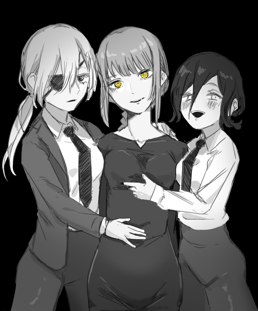 3girls absurdres bangs black_dress black_eyepatch black_eyes black_neckwear black_pants black_suit blush braid braided_ponytail business_suit chainsaw_man collarbone collared_shirt couple dress expressionless formal hair_between_eyes hair_bun hand_on_another's_chest hand_on_another's_stomach hand_on_breast highres long_sleeves looking_at_viewer makima_(chainsaw_man) monochrome multiple_girls necktie office_lady open_mouth pants ponytail quanxi_(chainsaw_man) reze_(chainsaw_man) ringed_eyes romance shirt shirt_tucked_in silver_hair smile suit tied_hair white_shirt wife_and_wife_and_wife yellow_eyes yuri