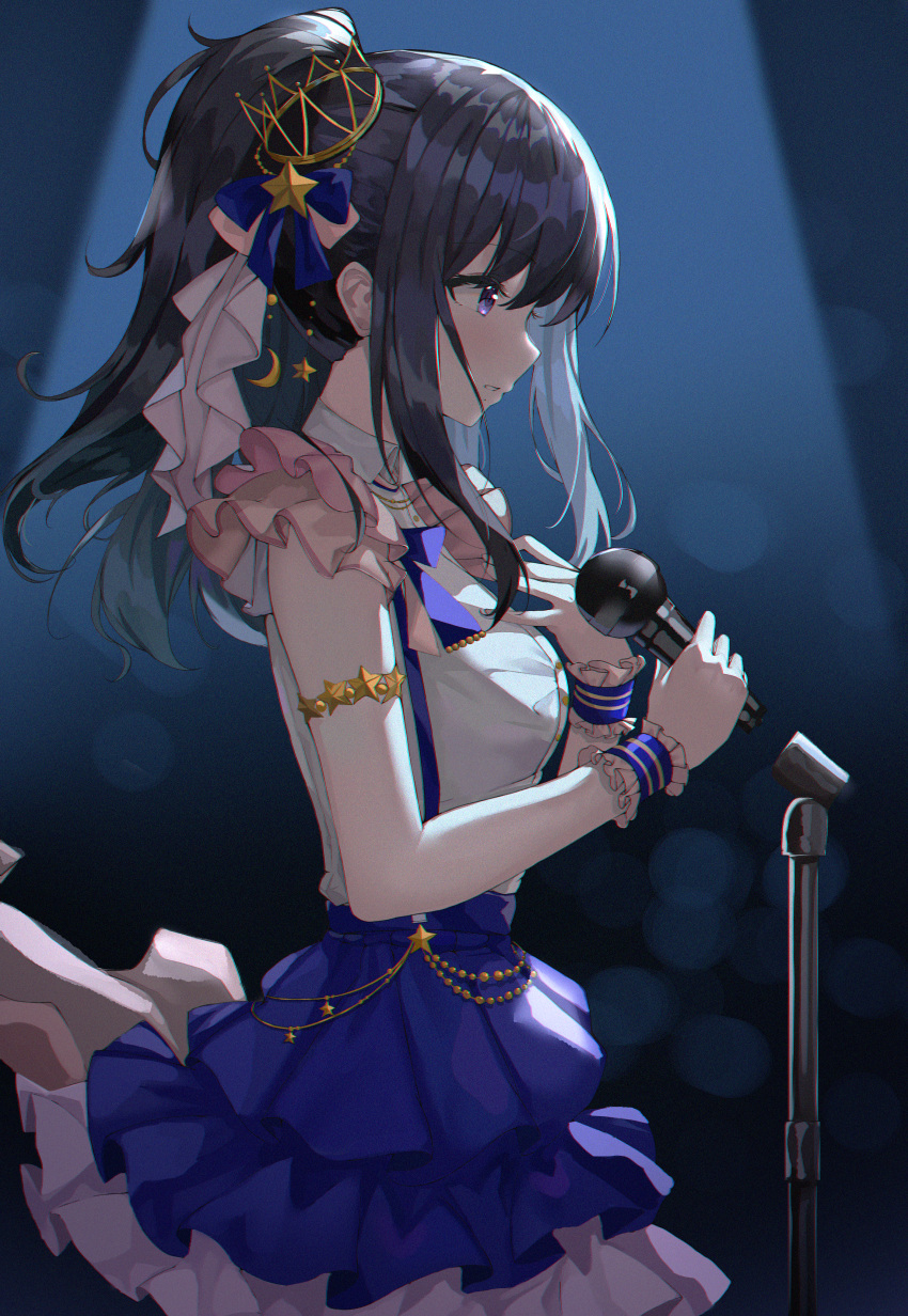 1girl absurdres black_hair blurry blurry_background bow commentary_request concert costume crescent crescent_hair_ornament crown film_grain hair_bow hair_ornament hair_ribbon high_ponytail highres holding holding_microphone huge_filesize idolmaster idolmaster_shiny_colors kazano_hiori layered_skirt long_hair lotpi microphone mini_crown mole mole_under_mouth ponytail ribbon skirt solo stage_lights star_(symbol) star_hair_ornament violet_eyes wrist_cuffs
