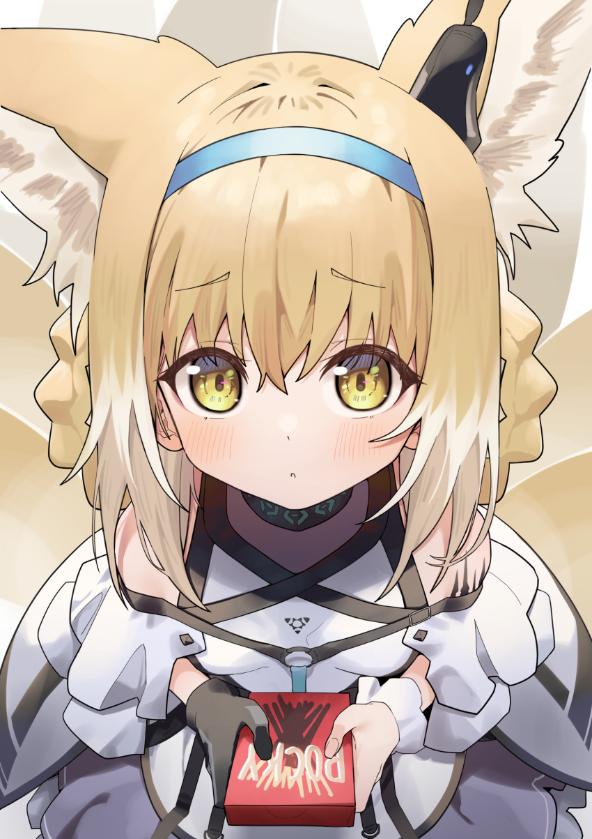 1girl :o absurdres animal_ear_fluff animal_ears arknights bangs bare_shoulders black_gloves blue_hairband blush box braid breasts brown_hair clothing_cutout commentary eyebrows_visible_through_hair gloves hair_between_eyes hair_rings hairband highres holding holding_box looking_at_viewer multicolored_hair multiple_tails parted_lips purple_skirt shoulder_cutout single_glove single_wrist_cuff skirt small_breasts solo standing suzuran_(arknights) syhan symbol_commentary tail two-tone_hair white_hair wrist_cuffs yellow_eyes
