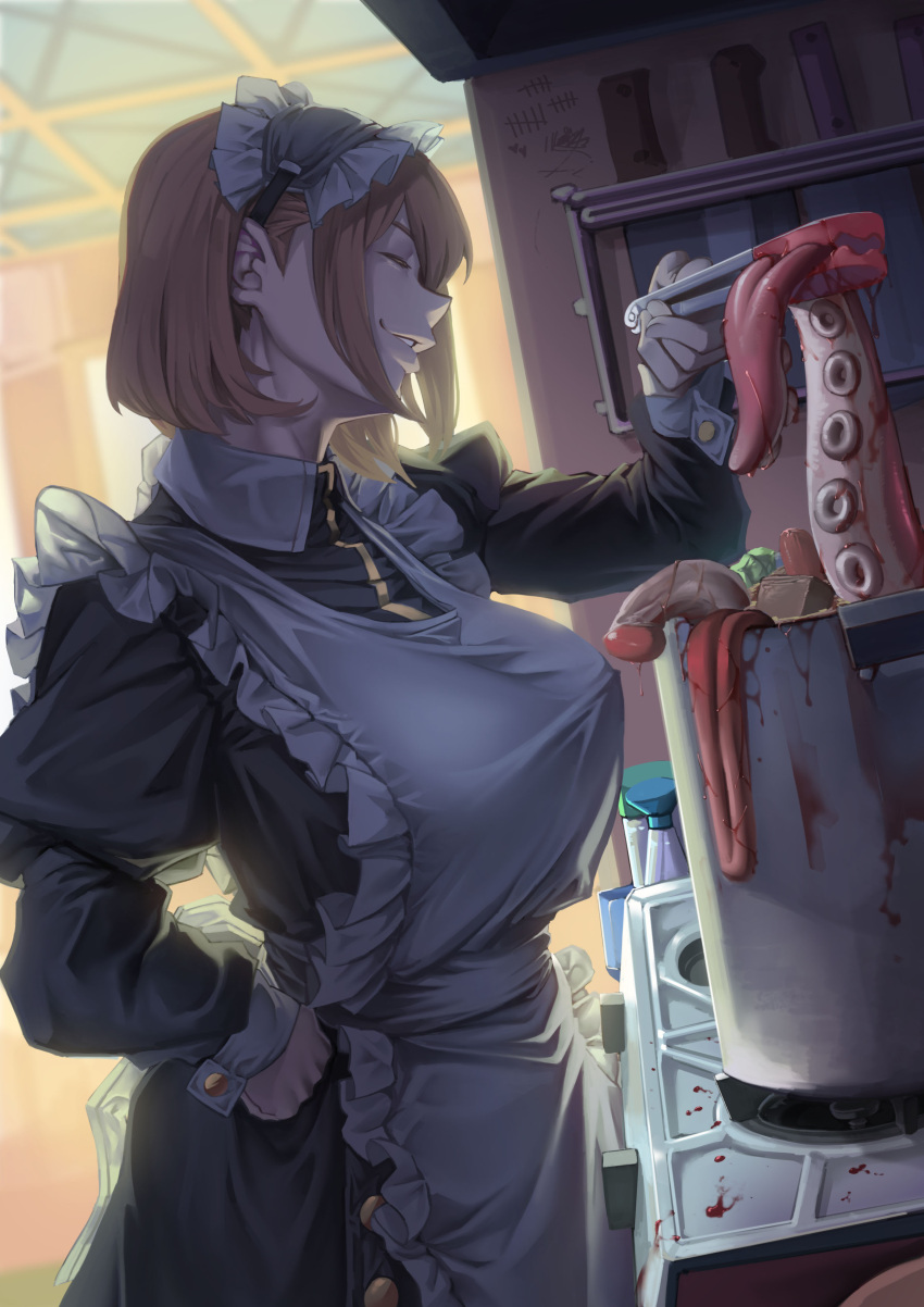 1girl absurdres apron bangs blood breasts brown_hair closed_eyes frills from_side hand_on_hip highres indoors kitchen large_breasts maid maid_apron maid_headdress octopus original parted_lips short_hair sidelocks smile stove tongs white_apron wrist_cuffs zuoteng_lucha