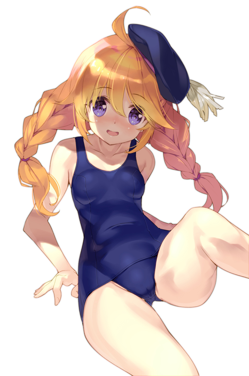 1girl bangs beret blonde_hair blue_headwear blue_swimsuit braid breasts commentary_request cowboy_shot eyebrows_visible_through_hair hat highres kuro_work long_hair looking_at_viewer princess_connect! princess_connect!_re:dive school_swimsuit simple_background sitting small_breasts solo swimsuit twin_braids violet_eyes white_background yuni_(princess_connect!)