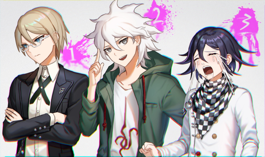 3boys answer_(l_c123) black_jacket blonde_hair blue_eyes checkered checkered_neckwear checkered_scarf collarbone collared_shirt commentary_request crossed_arms crying dangan_ronpa dangan_ronpa_1 dress_shirt flipped_hair glasses green_jacket hair_between_eyes hand_up hood hood_down jacket komaeda_nagito looking_at_viewer male_focus messy_hair multiple_boys new_dangan_ronpa_v3 number open_clothes open_jacket open_mouth ouma_kokichi purple_hair saliva scarf shirt short_hair straitjacket super_dangan_ronpa_2 tears togami_byakuya trait_connection upper_body upper_teeth white-framed_eyewear white_hair white_jacket white_shirt