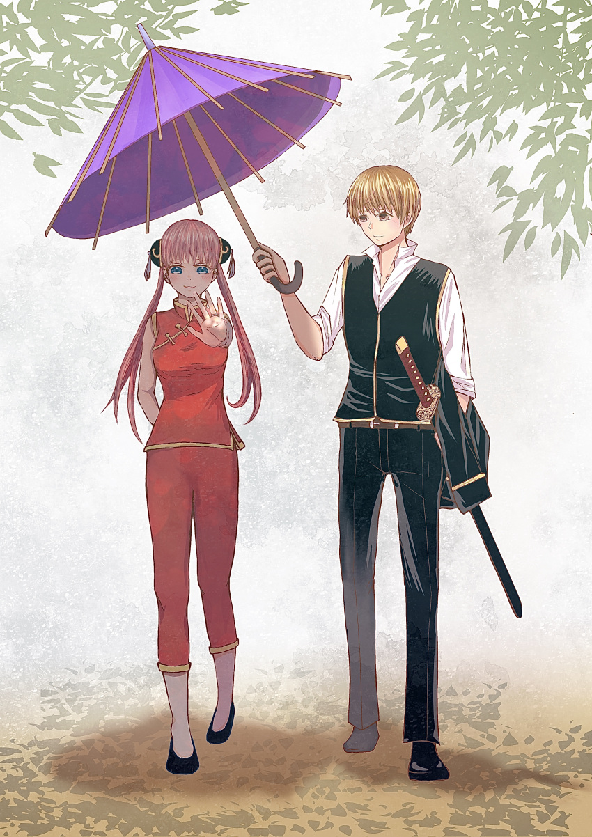 1boy 1girl absurdres amolamo10peach arm_behind_back bangs black_footwear black_pants black_shirt blonde_hair blue_eyes blush breasts brown_eyes bun_cover closed_mouth collarbone couple day double_bun dress_shirt full_body gintama hetero highres holding holding_umbrella kagura_(gintama) long_hair looking_at_viewer medium_breasts okita_sougo oriental_umbrella outdoors outstretched_arm pants pink_hair purple_umbrella red_pants red_shirt sheath sheathed shiny shiny_hair shirt sleeveless sleeveless_shirt sleeves_past_wrists sword twintails umbrella walking weapon white_shirt