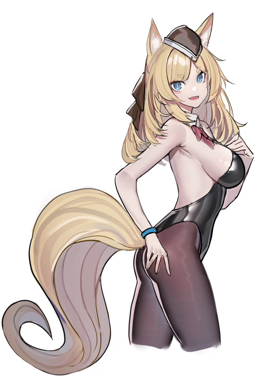 1girl animal_ears arknights armpits backless_leotard bare_shoulders black_headwear black_leotard blonde_hair blue_eyes bow bowtie bracelet breasts brown_legwear cropped_legs detached_collar echj from_side hair_ribbon hand_on_own_chest hat highleg highleg_leotard highres horse_ears horse_tail jewelry large_breasts leotard long_hair looking_at_viewer open_mouth pantyhose playboy_bunny_leotard ribbon simple_background smile solo strapless strapless_leotard tail whislash_(arknights) white_background