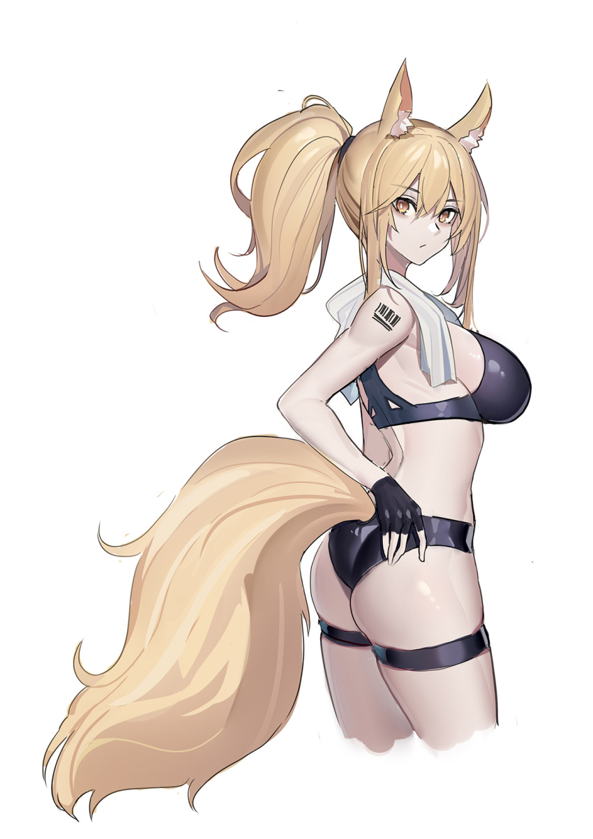 1girl animal_ear_fluff animal_ears arknights ass barcode_tattoo bare_arms bare_shoulders bikini black_bikini black_gloves blonde_hair breasts closed_mouth cropped_legs echj fingerless_gloves from_side gloves highres horse_ears horse_tail large_breasts long_hair looking_at_viewer looking_to_the_side nearl_(arknights) orange_eyes ponytail shoulder_tattoo simple_background skindentation solo swimsuit tail tattoo thigh_strap thighs towel towel_around_neck white_background