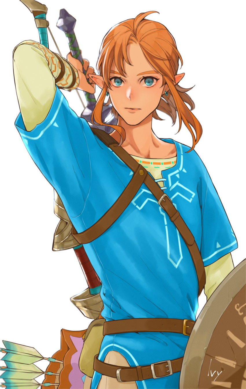 1boy absurdres ahoge arm_up arrow_(projectile) bangs belt blonde_hair blue_eyes blue_shirt brown_belt brown_pants closed_mouth collarbone commentary_request cowboy_shot earrings highres holding holding_shield holding_sword holding_weapon iva_(sena0119) jewelry link long_sleeves looking_at_viewer low_ponytail male_focus medium_hair pants parted_bangs pointy_ears quiver shield shirt short_over_long_sleeves short_sleeves simple_background solo sword the_legend_of_zelda the_legend_of_zelda:_breath_of_the_wild tunic upper_body weapon weapon_on_back white_background wooden_shield