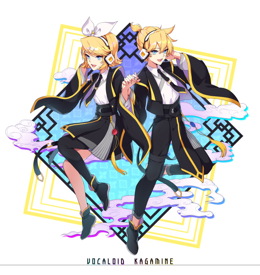 1boy 1girl :d black_footwear black_neckwear black_pants black_skirt blonde_hair blue_eyes brother_and_sister character_name clouds copyright_name hair_ribbon headphones highres holding_hands interlocked_fingers kagamine_len kagamine_rin lem_tea necktie open_mouth pants ribbon short_hair siblings simple_background single_thighhigh skirt smile standing thigh-highs twins vocaloid white_background wide_sleeves