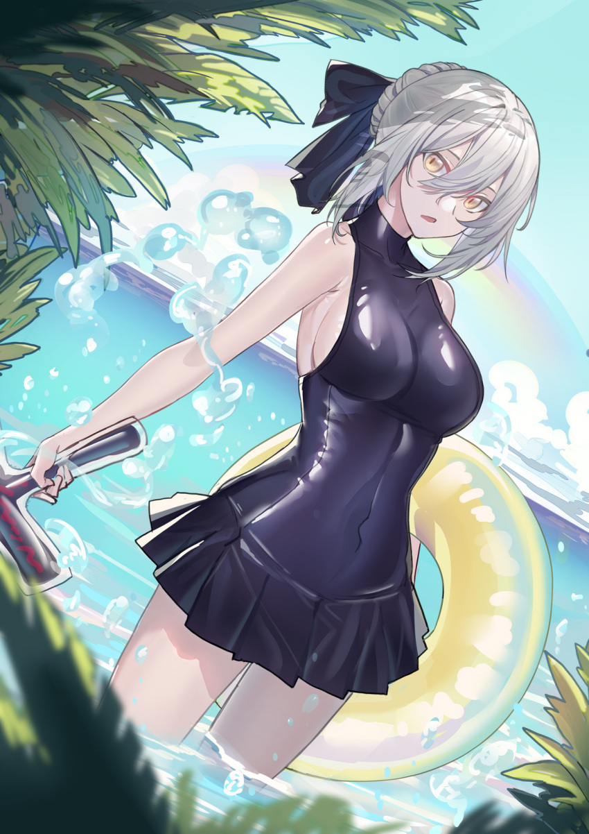 1girl artoria_pendragon_(all) bare_arms bare_shoulders black_swimsuit bow breasts covered_navel day dress_swimsuit dutch_angle echj excalibur_morgan fate/grand_order fate_(series) hair_between_eyes hair_bow highres holding holding_sword holding_weapon looking_at_viewer medium_breasts ocean open_mouth outdoors rainbow saber_alter shiny shiny_clothes short_hair sideboob silver_hair solo standing swimsuit sword wading water weapon yellow_eyes