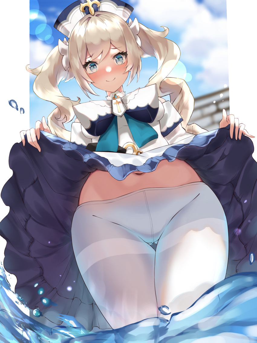 1girl absurdres ass_visible_through_thighs barbara_(genshin_impact) blonde_hair blue_eyes blue_sky blush bow bowtie closed_mouth clouds cross dress dress_lift drill_hair flashing frilled_dress frilled_skirt frills genshin_impact hair_ornament hat highres lifted_by_self looking_at_viewer navel pantyhose partially_submerged priestess shiroserika skirt skirt_lift sky smile solo twin_drills twintails upskirt water white_dress white_legwear