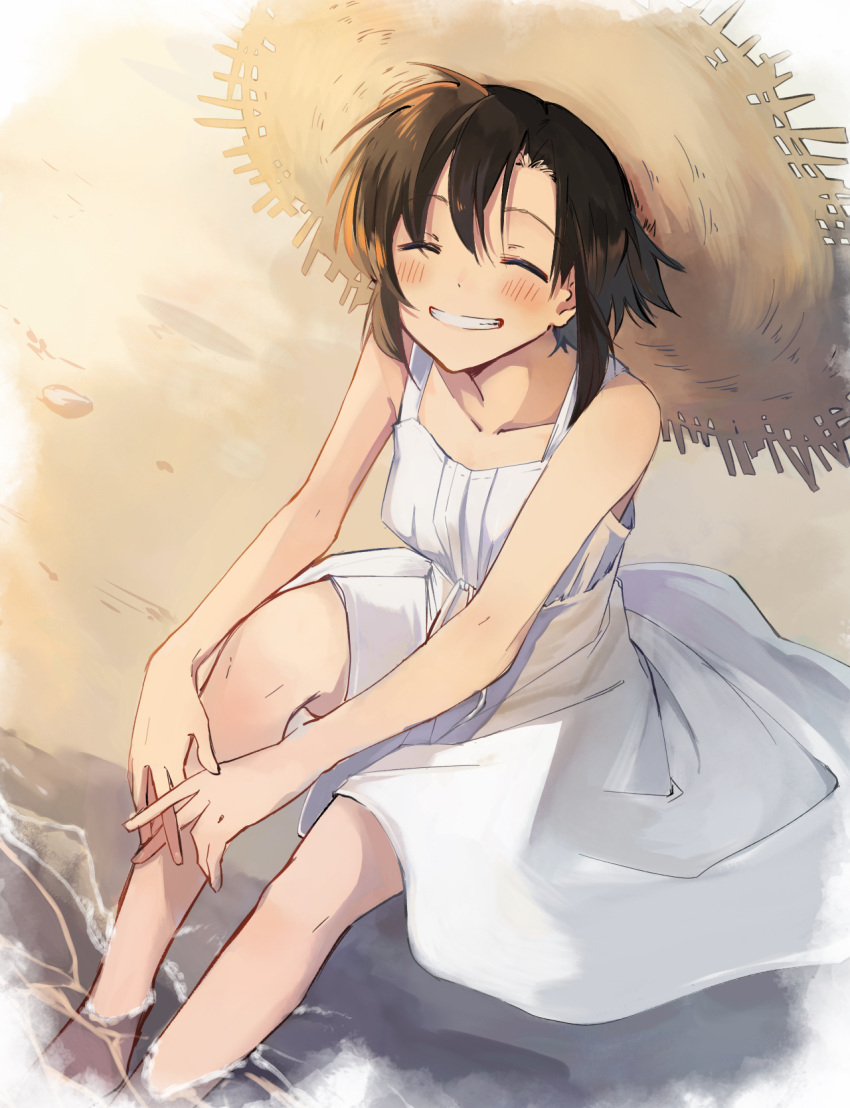 1girl ^_^ black_hair blush closed_eyes dress grin hat highres idolmaster idolmaster_(classic) kikuchi_makoto okinaruno short_hair sitting smile soaking_feet solo straw_hat white_dress