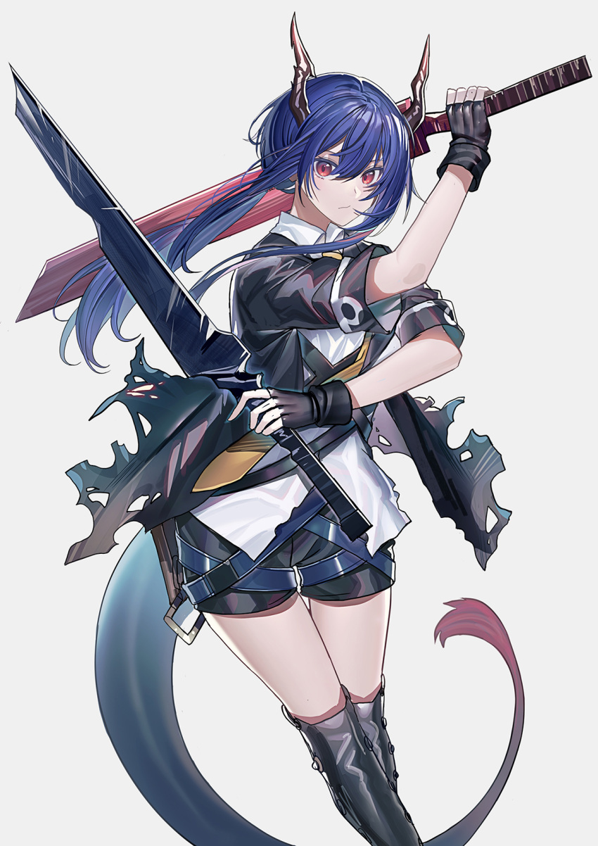 1girl arknights belt black_gloves black_jacket black_shorts blue_hair ch'en_(arknights) chi_xiao_(arknights) collared_shirt dragon_horns dragon_tail dual_wielding echj fingerless_gloves gloves highres holding holding_sword holding_weapon horns jacket long_hair looking_at_viewer multiple_belts open_clothes open_jacket over-kneehighs red_eyes shirt short_shorts short_sleeves shorts simple_background solo sword tail thigh-highs thighs torn_jacket weapon white_background white_shirt