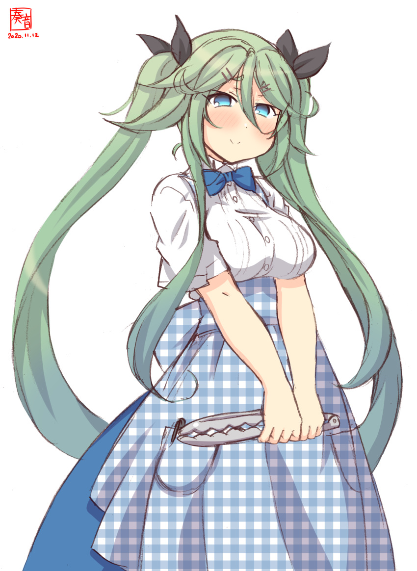 1girl alternate_costume alternate_hairstyle apron artist_logo blue_apron blue_bow blue_eyes blue_neckwear blush bow bowtie bread breasts button_gap checkered_apron cowboy_shot dated food gingham gingham_apron green_hair hair_between_eyes hair_ornament hair_ribbon hairclip highres kanon_(kurogane_knights) kantai_collection kobeya kobeya_uniform large_breasts looking_at_viewer neckerchief plaid plaid_apron ribbon simple_background solo standing tongs twintails uniform waitress white_background yamakaze_(kantai_collection)