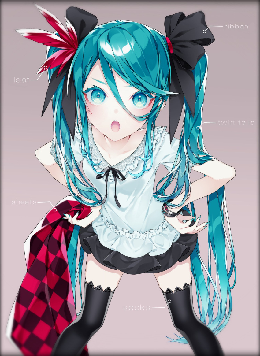 1055 1girl aqua_eyes aqua_hair aqua_nails black_legwear black_ribbon black_skirt bracelet checkered_blanket commentary eyeliner frilled_shirt frills hair_leaf hair_ribbon hands_on_hips hatsune_miku highres jewelry lace-trimmed_legwear lace-trimmed_shirt lace_trim leaning_forward long_hair looking_at_viewer makeup miniskirt open_mouth pleated_skirt project_diva_(series) ribbon shirt short_sleeves skirt solo supreme_(module) thigh-highs twintails very_long_hair vocaloid white_shirt world_is_mine_(vocaloid)