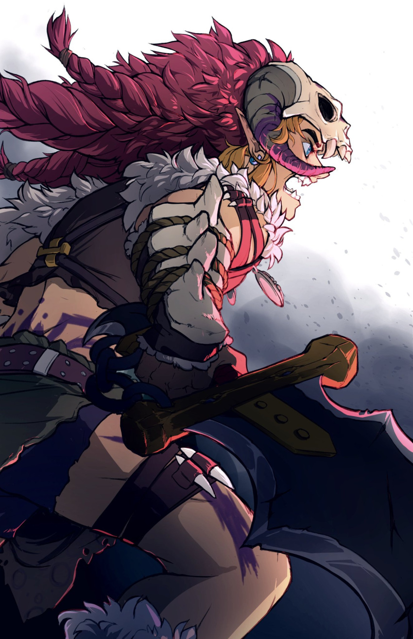 1boy animal_skull barbarian_link blonde_hair blue_eyes bodypaint braid commentary earrings english_commentary fangs from_side helmet highres holding holding_sword holding_weapon horned_helmet jewelry leslie_tries loincloth male_focus official_alternate_costume open_mouth pink_hair pointy_ears shorts shouting skull_on_head solo sword teeth the_legend_of_zelda the_legend_of_zelda:_breath_of_the_wild thick_eyebrows tribal vambraces weapon