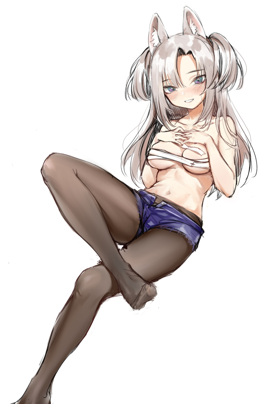 1girl absurdres animal_ears bangs bare_shoulders black_legwear blush breasts copyright_request cutoffs denim denim_shorts grey_hair hands_on_own_chest highres leg_up long_hair medium_breasts navel open_pants own_hands_together pants pantyhose parted_bangs sarashi short_shorts shorts simple_background sitting smile solo sunege_(hp0715) two_side_up violet_eyes white_background