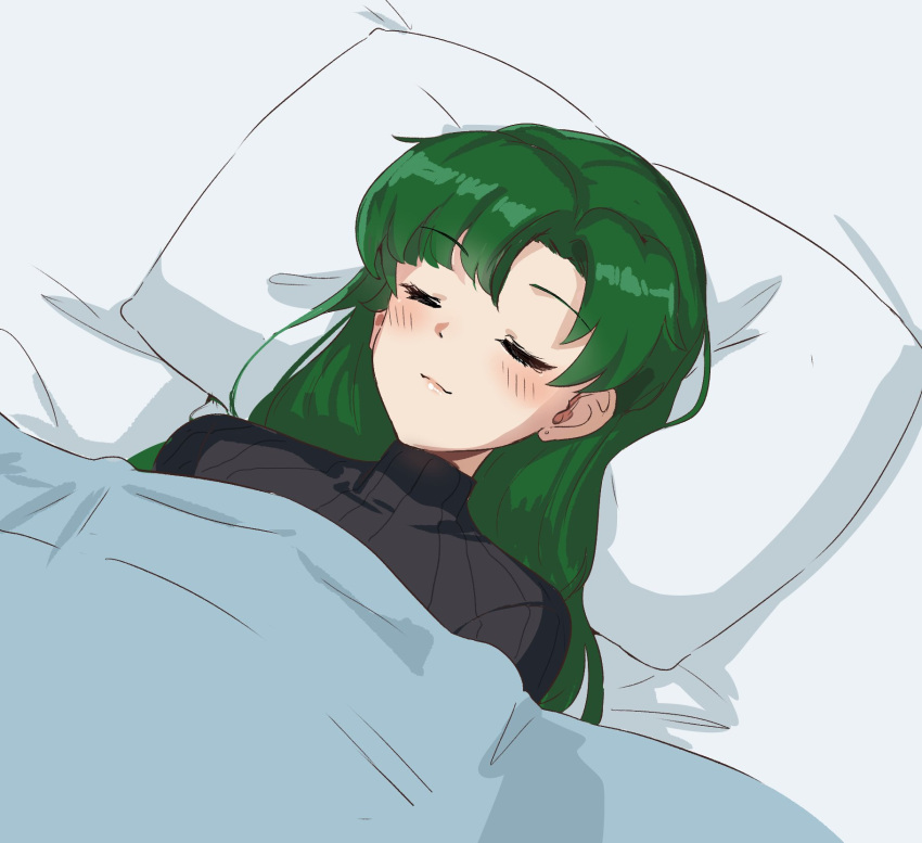 1girl asymmetrical_bangs bangs black_sweater blanket blush breasts closed_eyes fire_emblem fire_emblem:_the_blazing_blade green_hair highres large_breasts long_hair lying lyn_(fire_emblem) on_back ormille pillow ponytail ribbed_sweater sleeping smile sweater turtleneck turtleneck_sweater