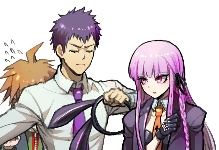 1girl 2boys ahoge animal_ears bangs black_gloves black_leotard black_ribbon blunt_bangs braid brown_hair closed_eyes closed_mouth collared_shirt commentary_request dangan_ronpa dangan_ronpa_1 fake_animal_ears flying_sweatdrops gloves hair_ornament_removed hair_ribbon holding jacket jacket_on_shoulders kirigiri_jin kirigiri_kyouko leotard long_hair long_sleeves multiple_boys naegi_makoto necktie open_mouth pink_eyes purple_hair purple_neckwear rabbit_ears ribbon shirt short_hair simple_background single_braid upper_body very_short_hair white_background white_shirt youko-shima