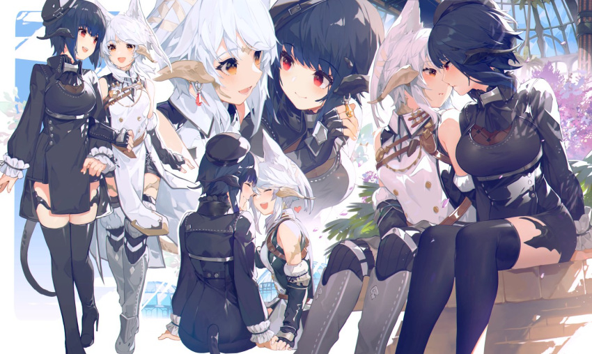 2girls akizone bag bangs bare_shoulders black_gloves black_hair black_headwear black_jacket black_legwear blush boots breasts cheeze_(akizone) commentary dating double-breasted earrings eyebrows_visible_through_hair final_fantasy final_fantasy_xiv fingerless_gloves frills gem gloves grey_footwear happy holding_hands imminent_kiss jacket jewelry large_breasts long_sleeves looking_at_another lower_teeth multiple_girls multiple_views open_mouth original red_eyes renz_(rirene_rn) scales short_hair skirt smile standing striped striped_legwear thigh-highs thigh_boots upper_teeth white_hair yuri zettai_ryouiki