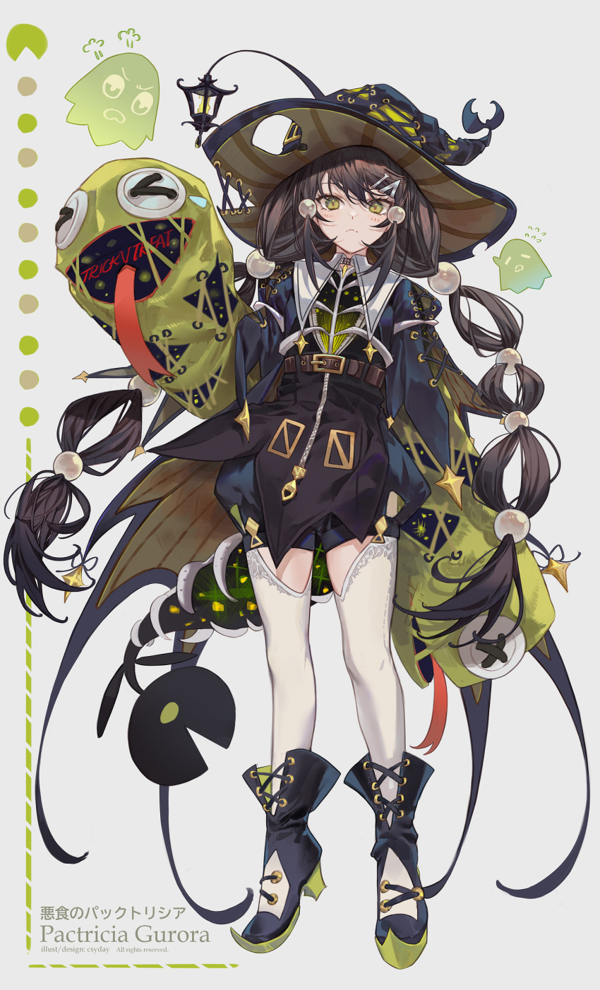 1girl belt brown_hair button_eyes cape character_name csyday english_text full_body ghost green_eyes grey_background hair_ornament hairclip halloween hand_puppet hat highres long_hair looking_at_viewer original puffy_shorts puppet shorts solo standing thigh-highs trick_or_treat very_long_hair white_legwear witch_hat