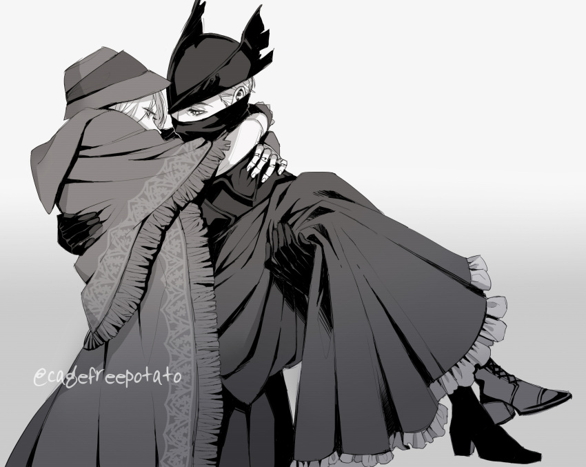 1boy 1girl bangs bloodborne bonnet boots cagefreepotato carrying cloak coat doll_joints dress gloves greyscale hat highres holding hug hunter_(bloodborne) joints long_hair looking_at_another mask monochrome mouth_mask plain_doll princess_carry shoes short_hair simple_background tricorne white_background